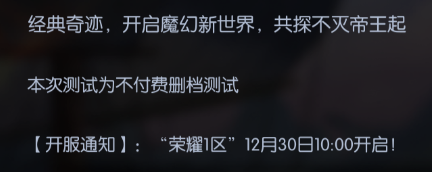 不付费删档测试区：“荣耀1区”12月30日10:00开启